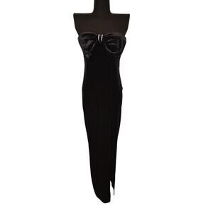 Long Black Strapless Velvet Dress Bow - Mid Leg Front Slit Pear Culture Size 7/8